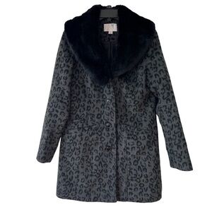 Cheetah Print Faux Fur Trim Wool Blend Long Coat